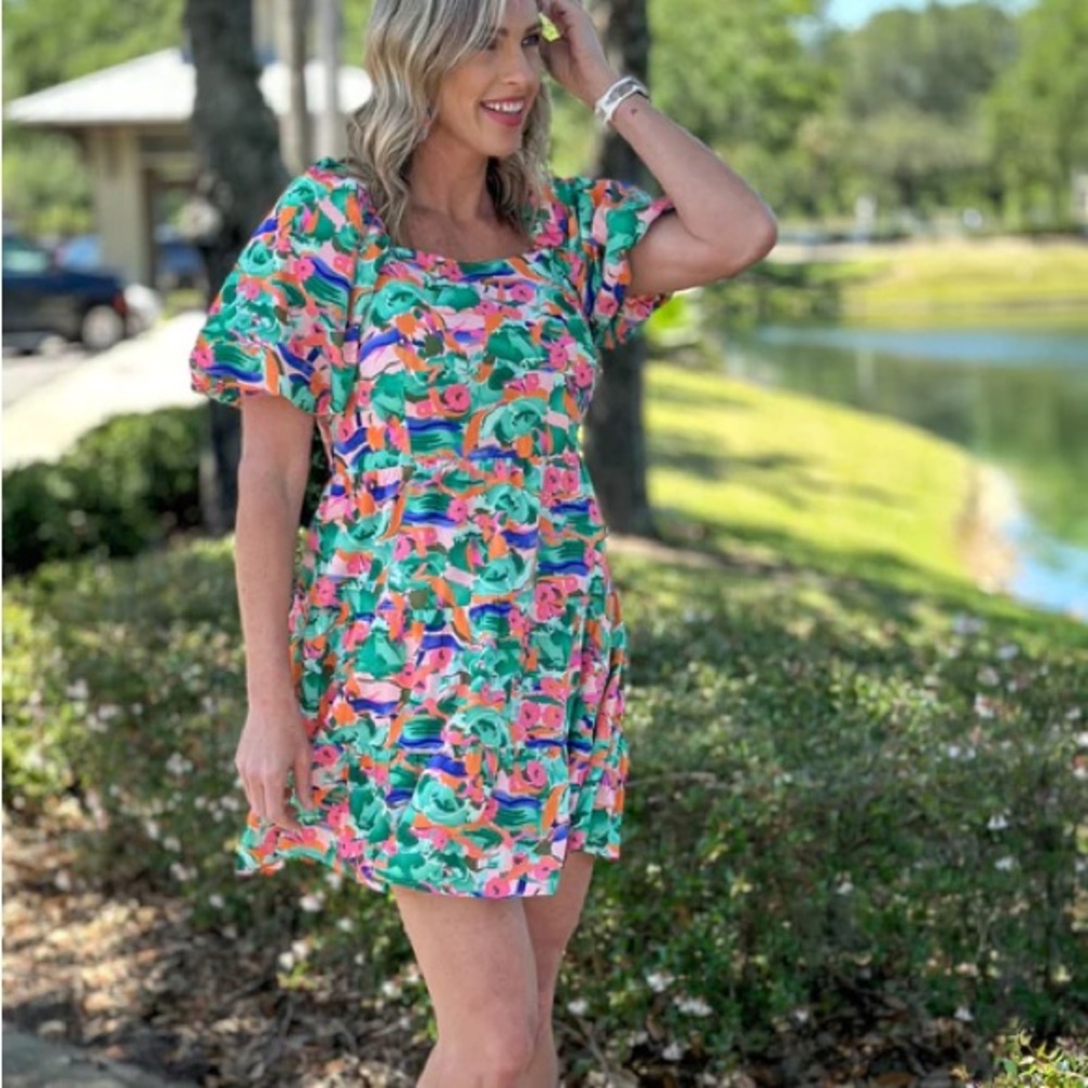 Joy Joy Sugar Plum Babydoll Balloon puff Sleeve Dress in Green Abs XS